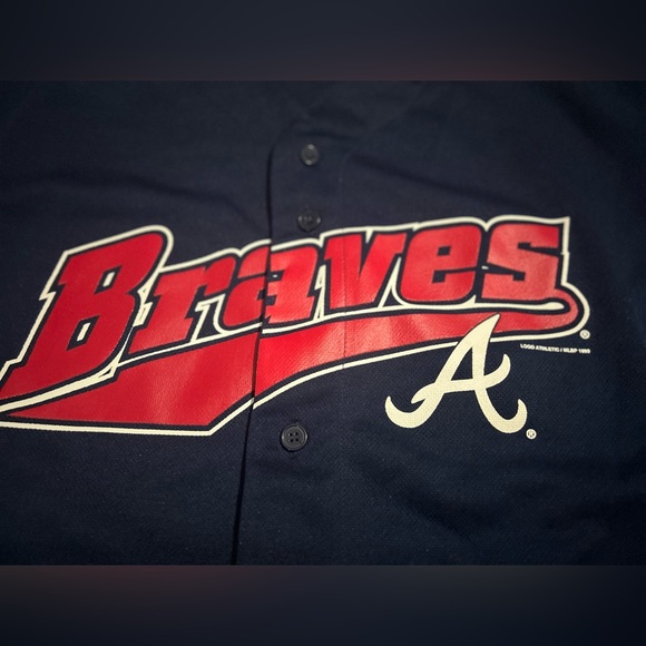 Vintage 1999 Atlanta Braves Jersey Logo Athletics Blue Red Sz XL MLB Baseball - Picture 7 of 9